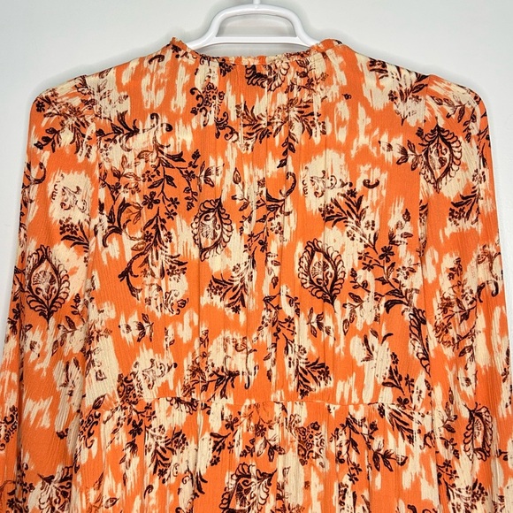 Frye Ruffle Neck Button Front Orange Floral Long Sleeve Mini Dress Size M - Picture 5 of 9